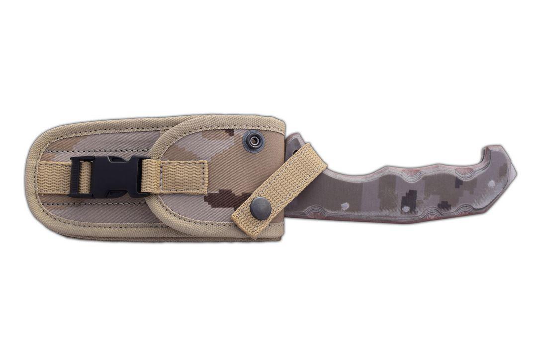 Faca bushcraft JV Raptor XL com lâmina tracker e cabo micarta de camuflagem do deserto