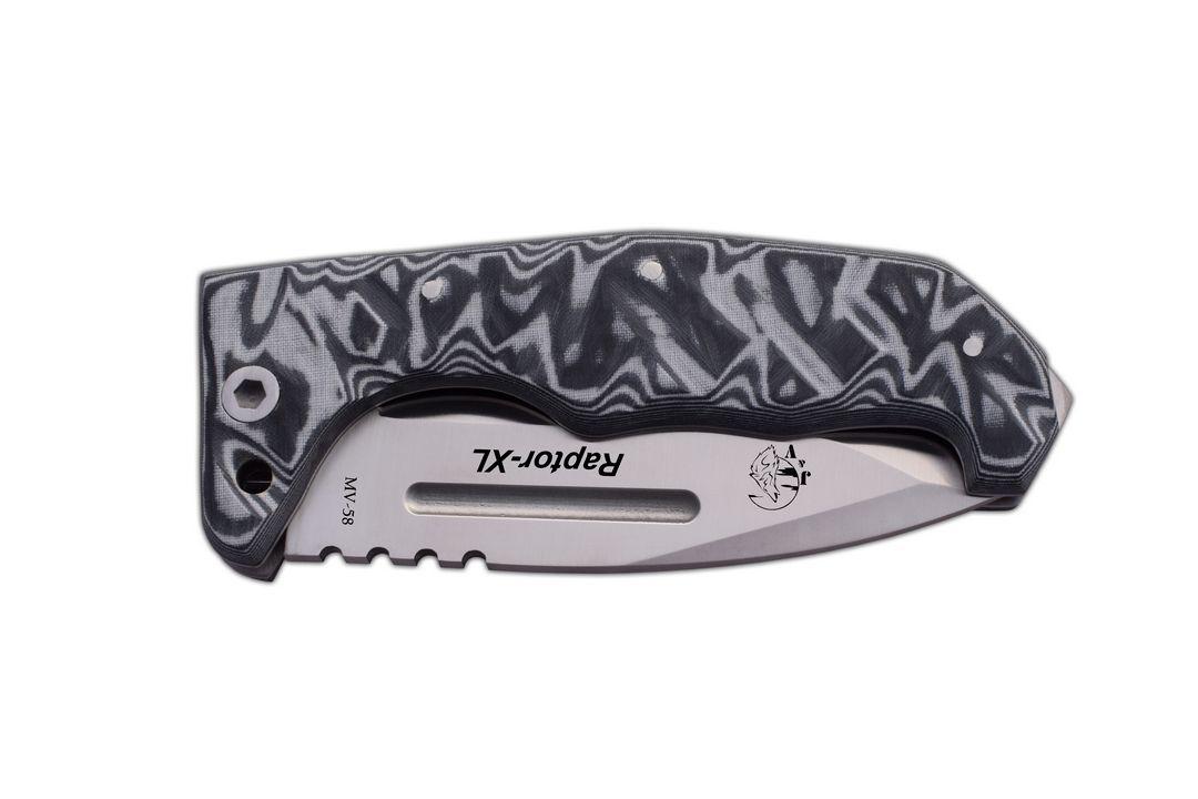 Faca bushcraft JV Raptor XL com lâmina tracker e cabo micarta cinza