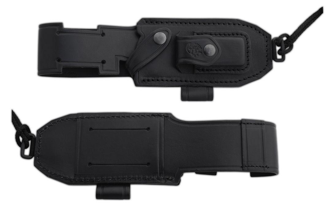 Couteau bushcraft JV Chacal avec manche en micarta noir et étui en cuir