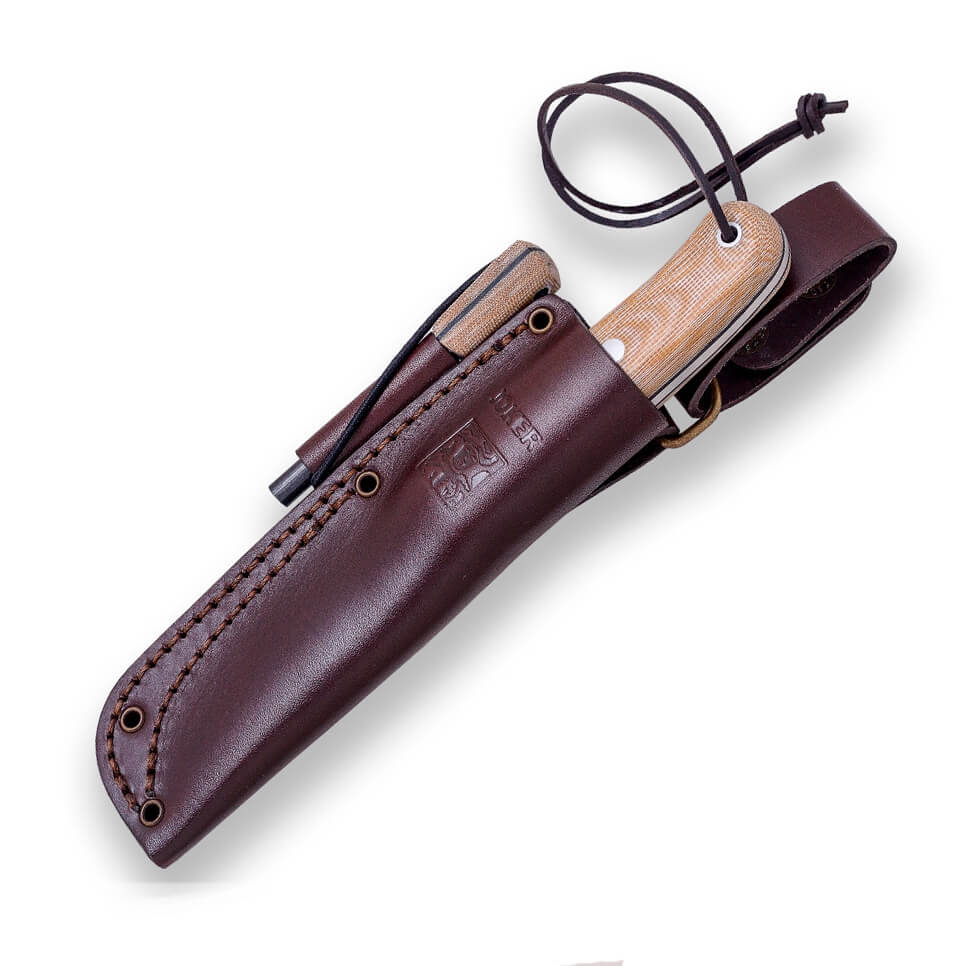 Joker BS9 Trampero S Bushcraftmesser mit braunem Micarta-Griff und 10 cm Scandi-Klinge mit Feuerstein