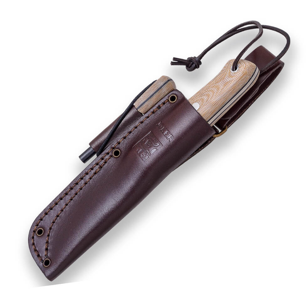 Bushcraft-Messer BS9 Nordic Joker mit braunem Micarta-Griff und Böhler K720-Klinge mit Feuerstein