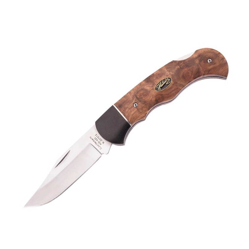 Canivete com cabo em madeira de burl e lâmina de 8,8 cm com fecho...