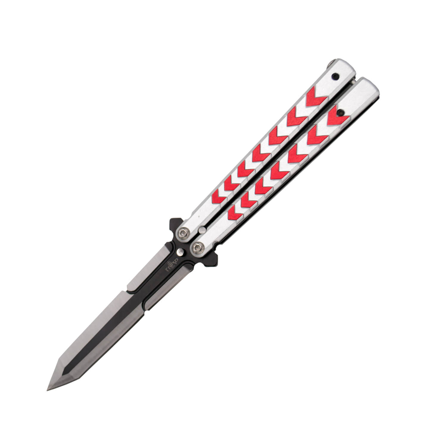 Faca borboleta preta prateada e vermelha com lâmina de 12,5 cm K2...