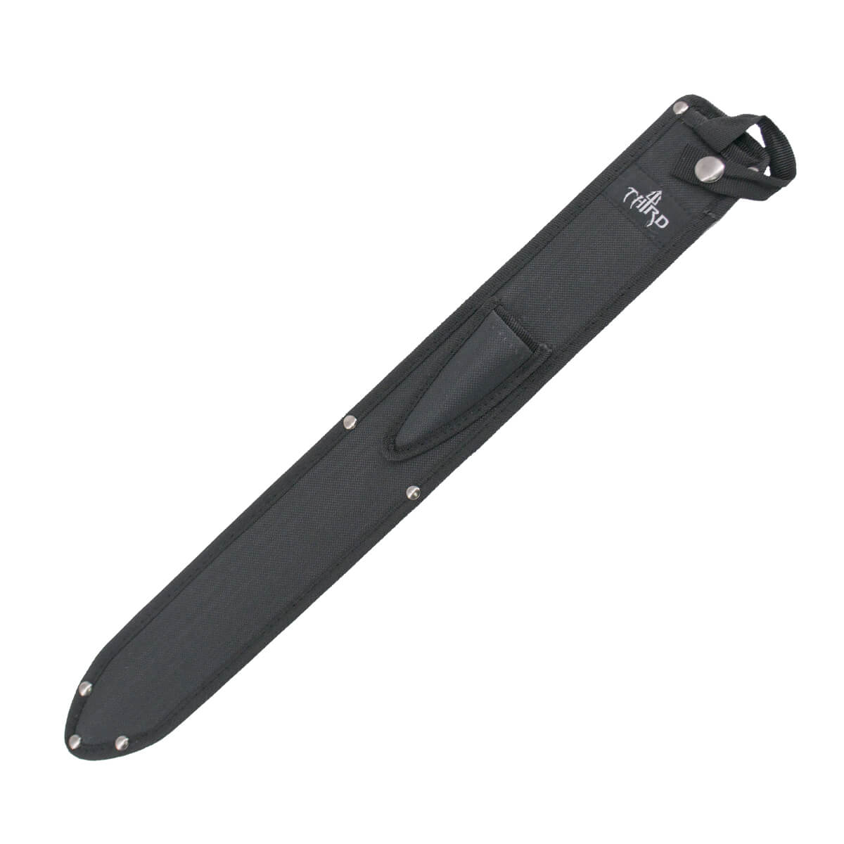 Facão com corda preta trançada e lamina preta com 48 cm de borda azul