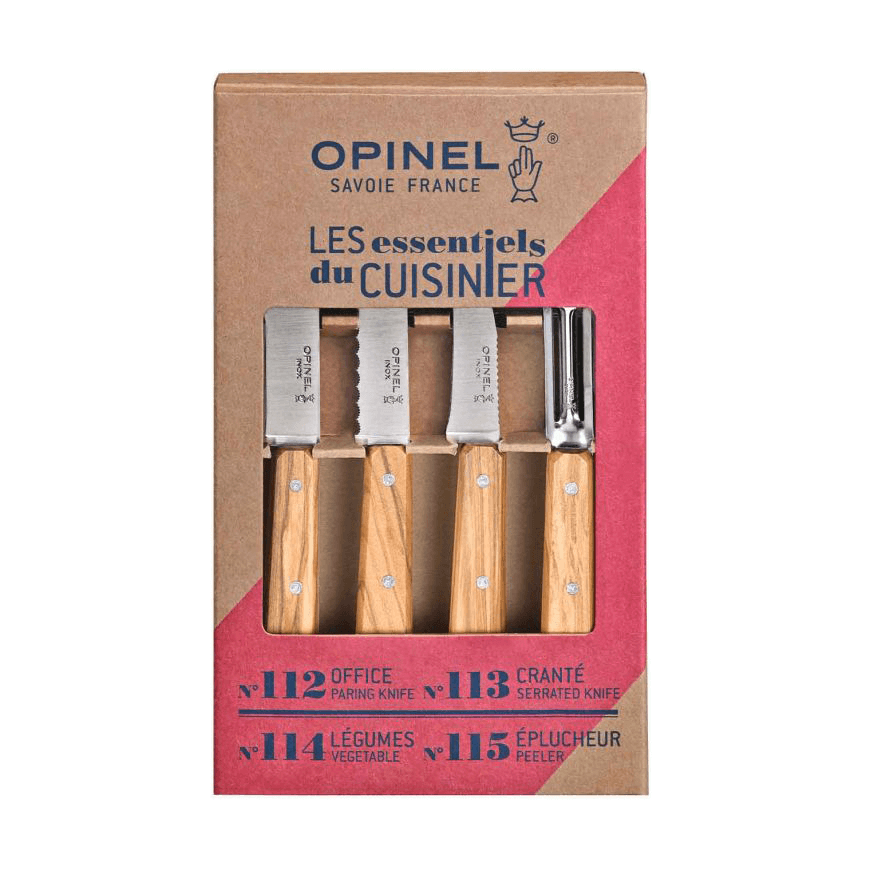 Set mit 4 einfachen Olivenholzmessern von Opinel.