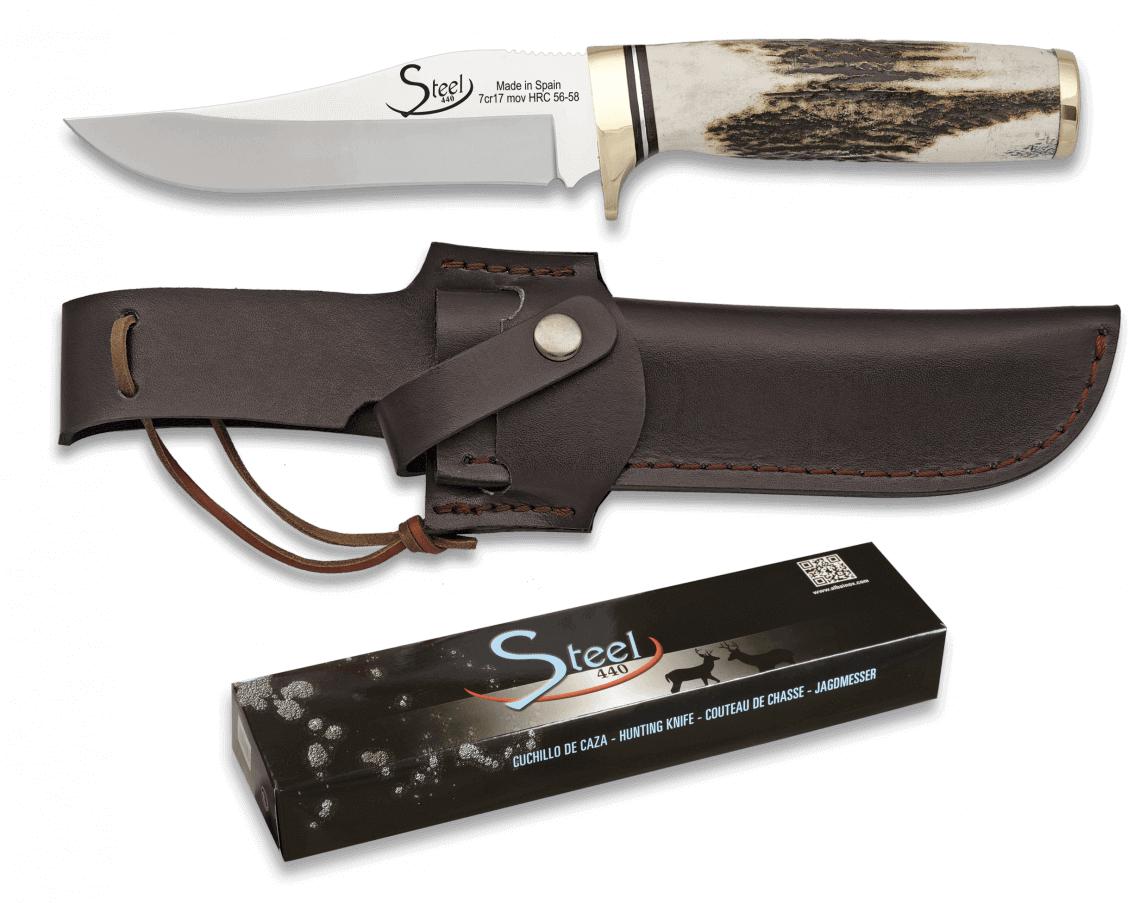 Cuchillo de Albainox para caza con mango de ciervo, funda de piel...