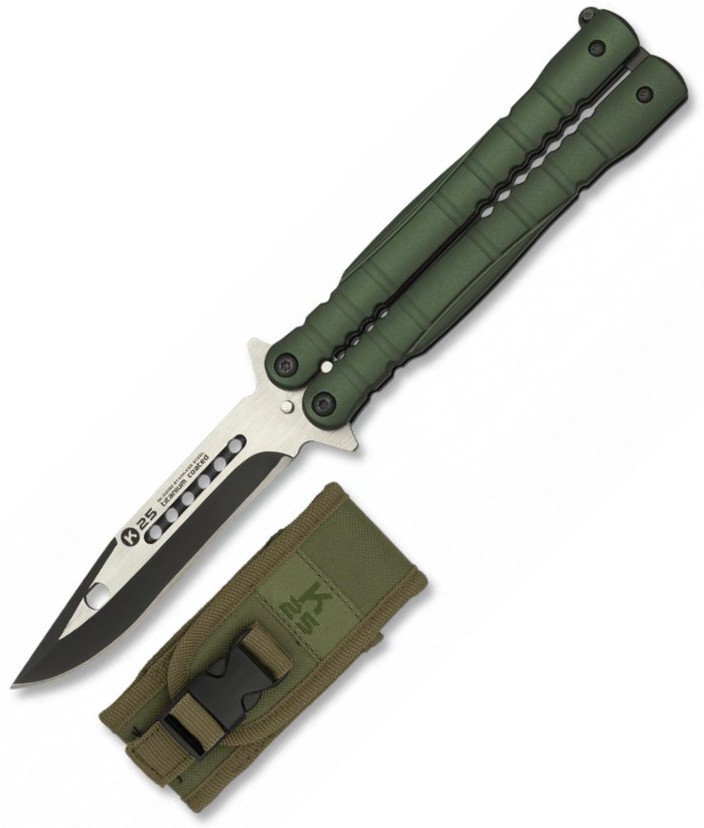 Faca de leque tático K25 com cabo de alumínio verde, bainha de ny...