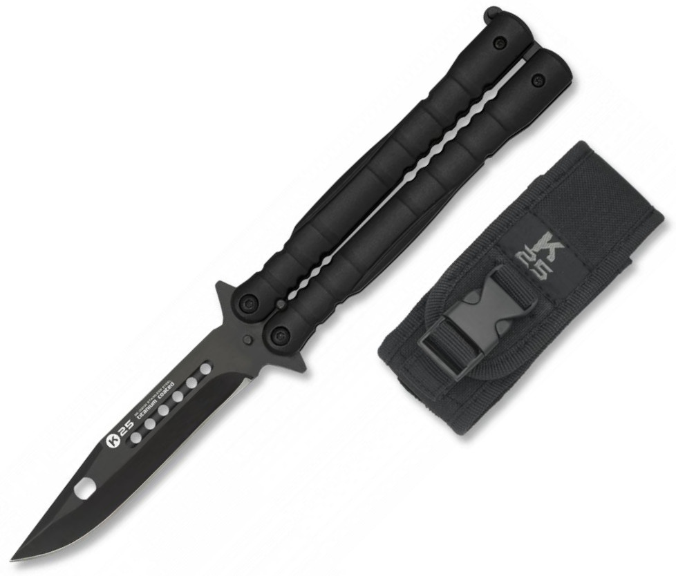 Faca tática borboleta K25 com cabo de alumínio preto e lâmina de ...