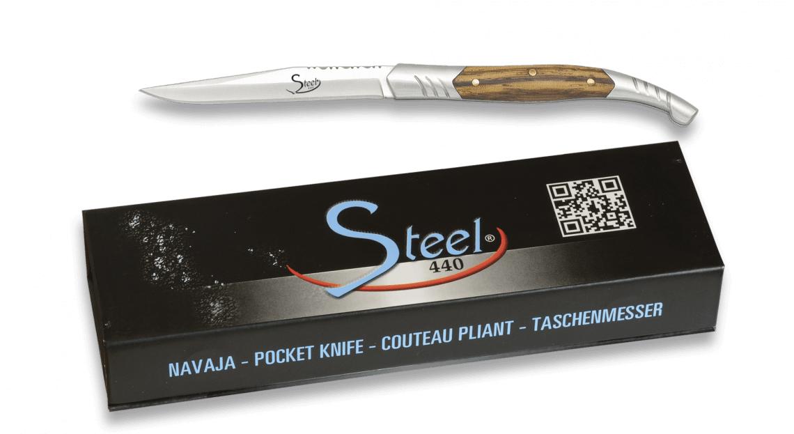 STEEL 440 pocket knife with zebra wood scales and 5 cm stiletto-t...