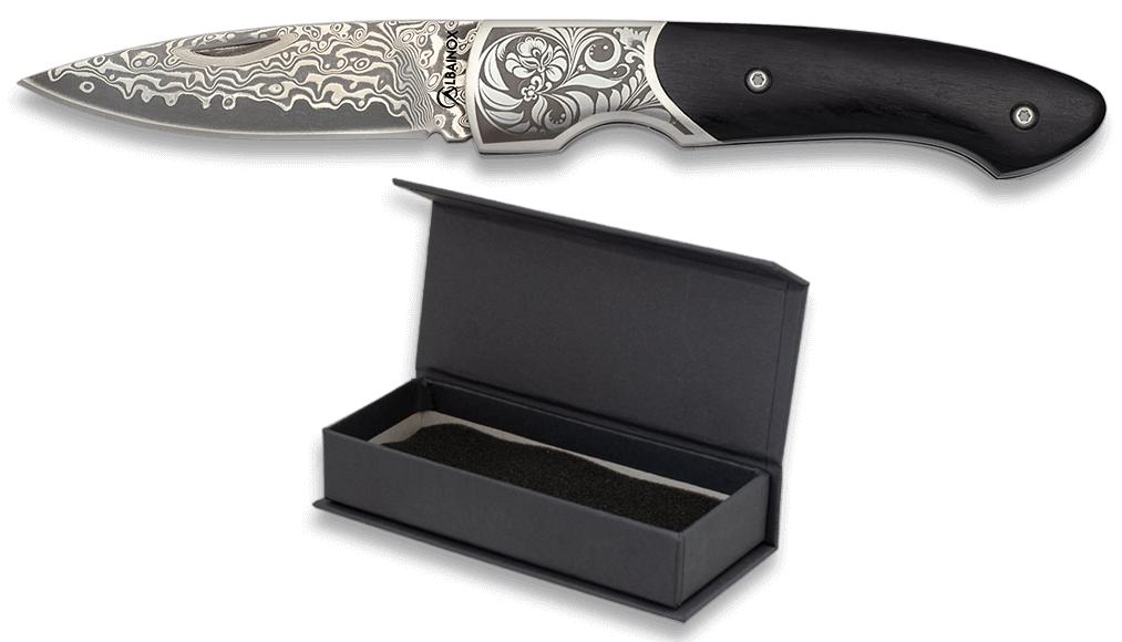 Albainox damascene pocket knife with 7.2 cm blade, piston lock an...