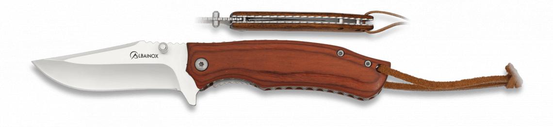 Albainox pocket knife presented in a color box with red Pakkawood...