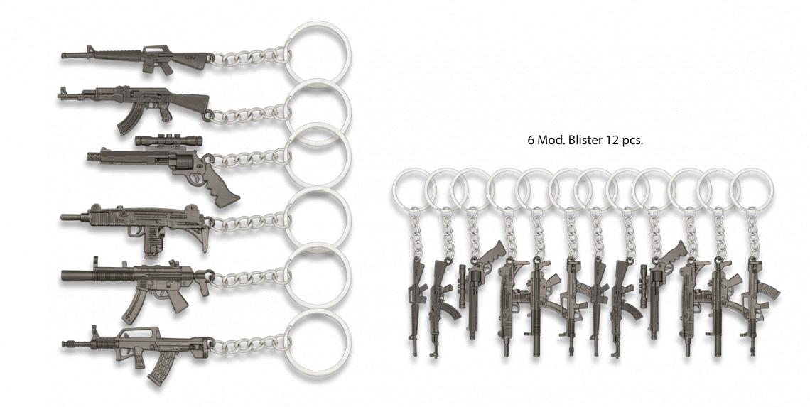 Sortido de chaveiros com armas apresentados em blister de 12 unid...