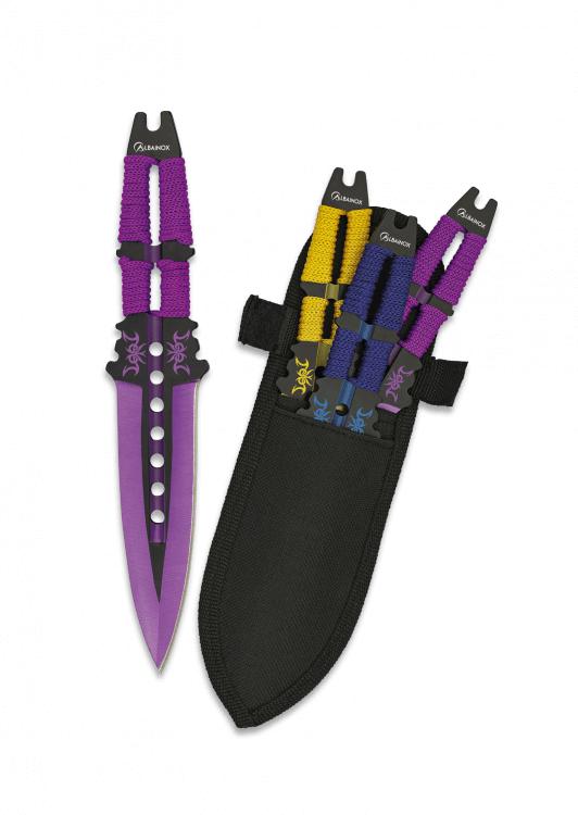 Lot de trois lanceurs Albainox violet, bleu et jaune