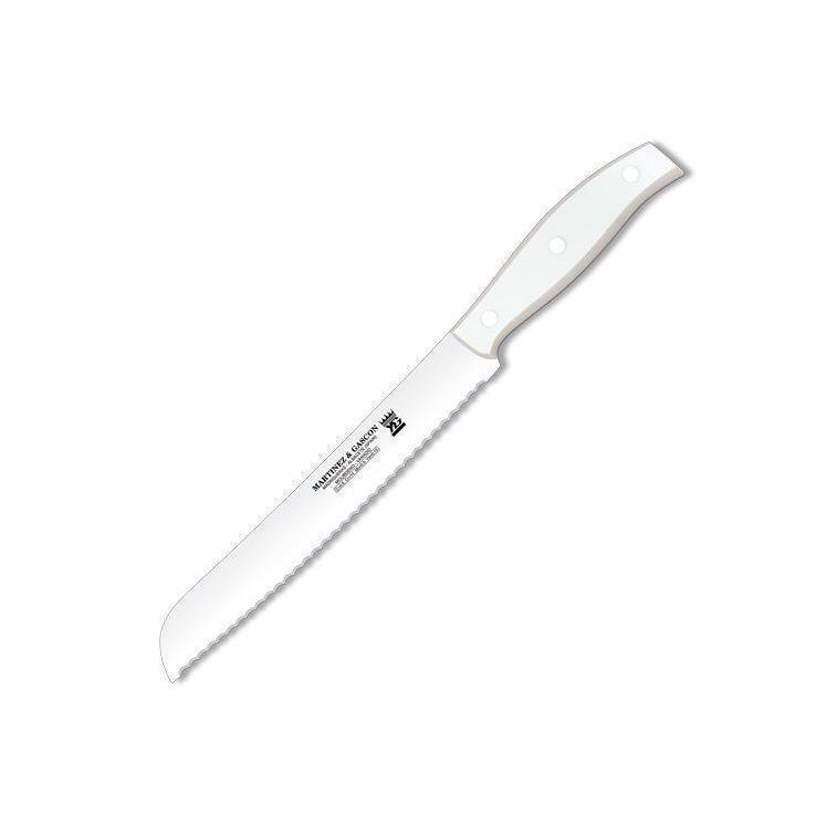 Couteau à pain avec manche en polyoxyméthylène blanc et lame dent...