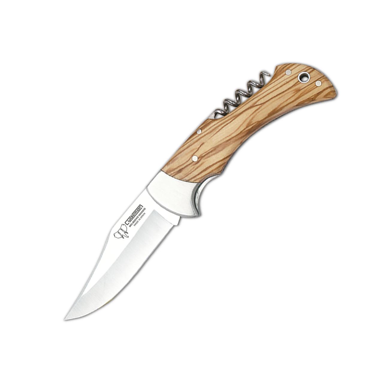 Jagdtaschenmesser mit Cudeman-Kropf. 9cm Klinge. Griff aus Olivenholz. Lederscheide