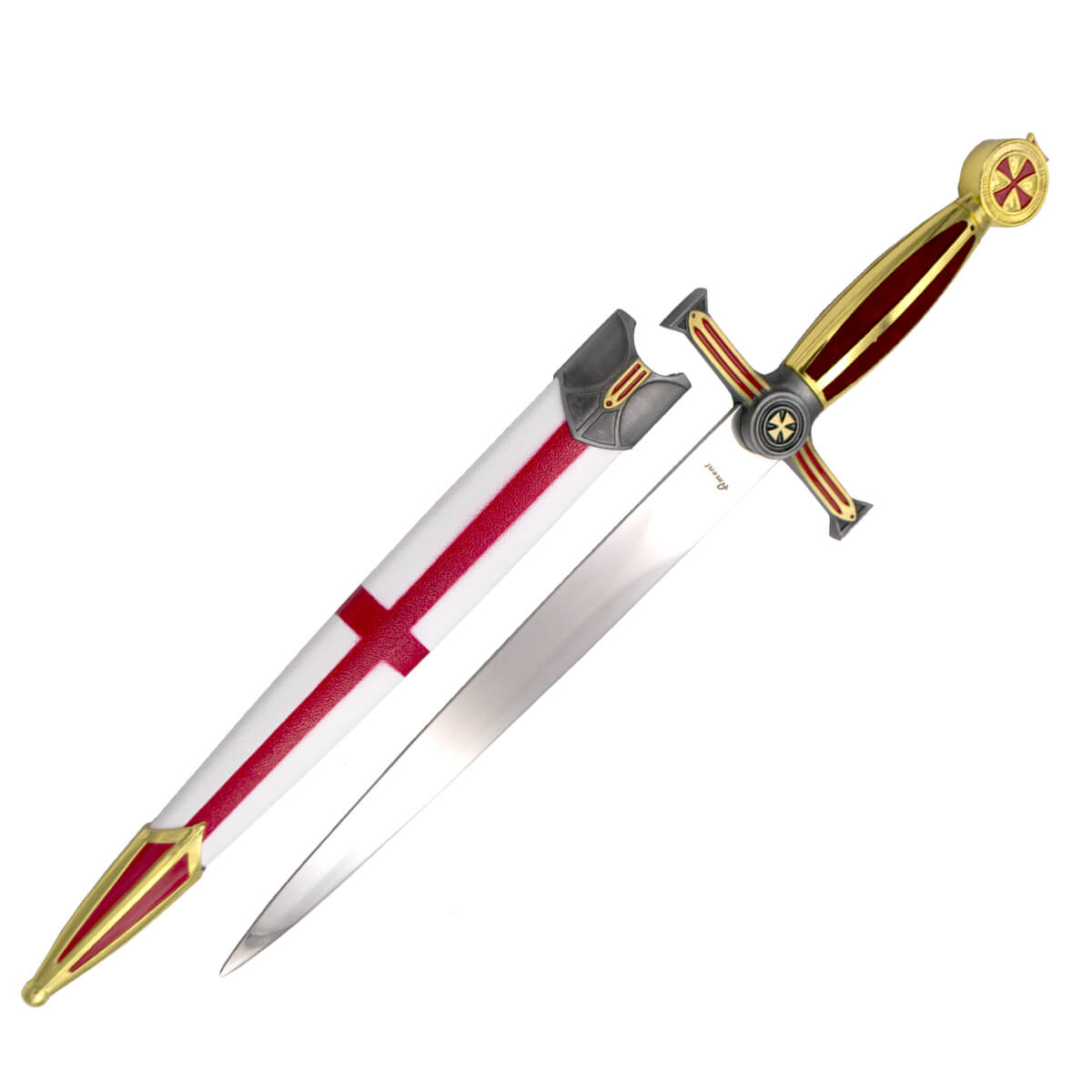 Dagger with Templar cross in red with gold-colored pommel and red...