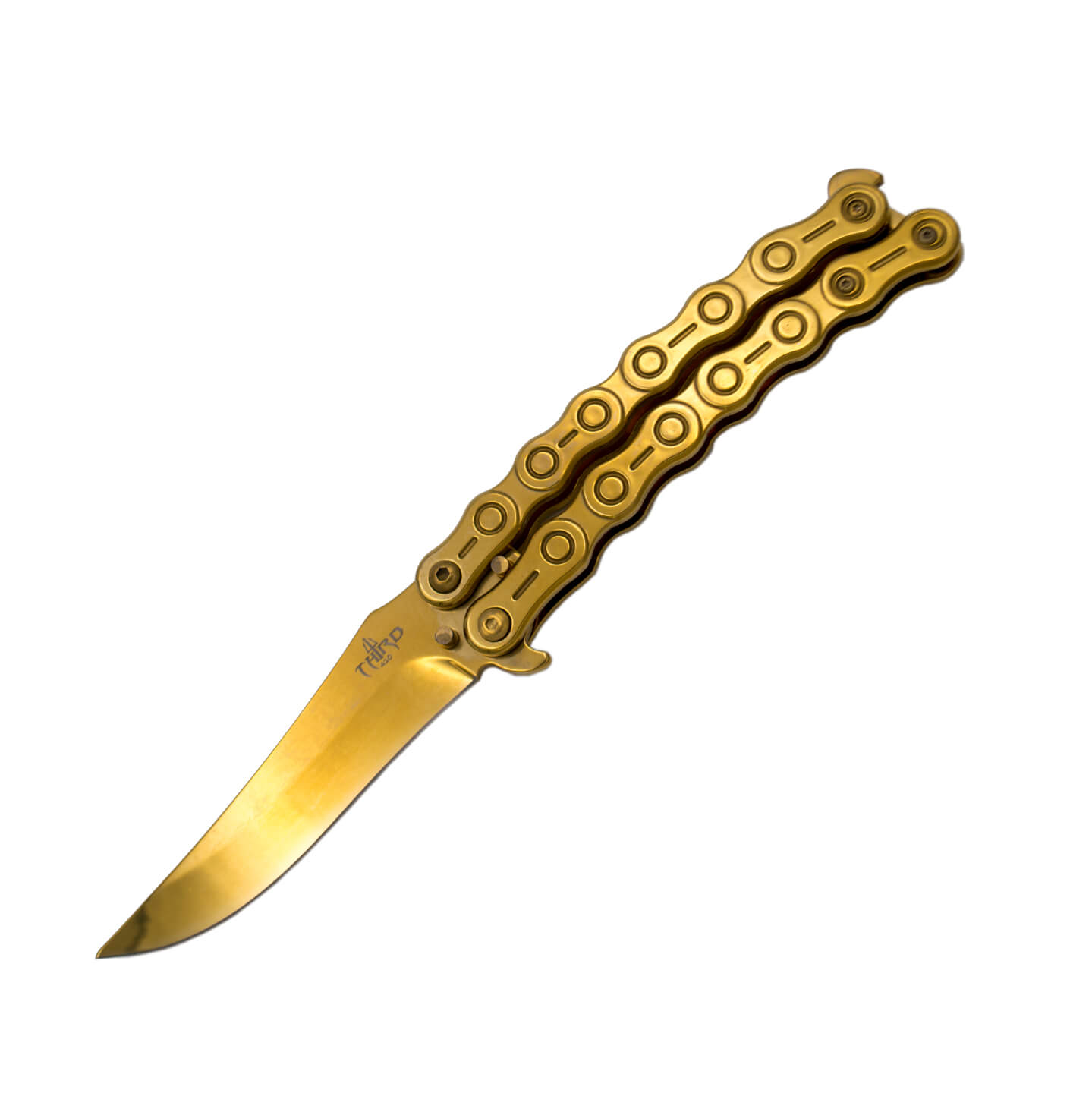 Navaja mariposa dorada con mango de acero inox en forma de cadena...