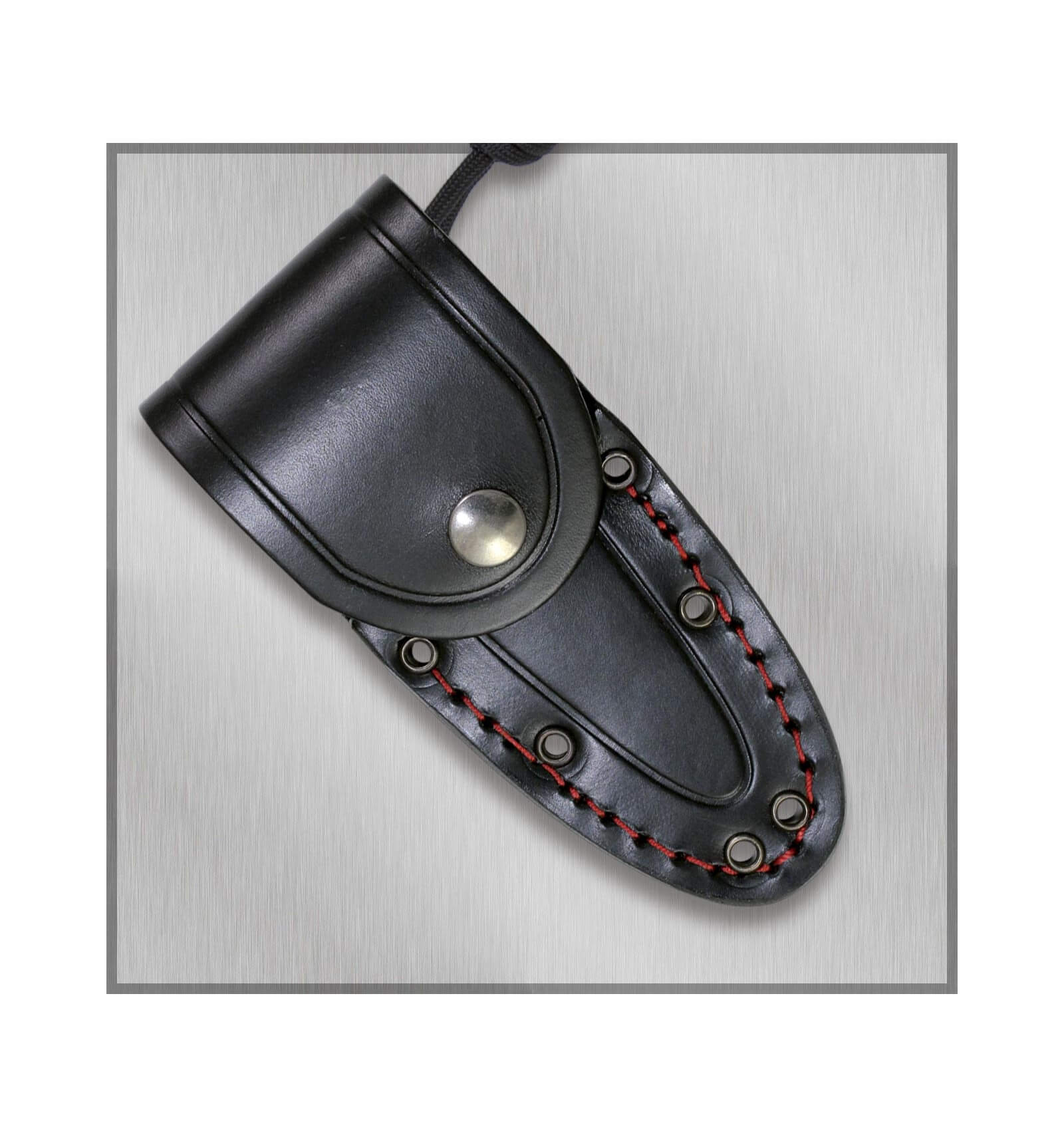 Nieto Chamán micra tactical knife with black micarta handle and Böhler steel blade with leather sheath