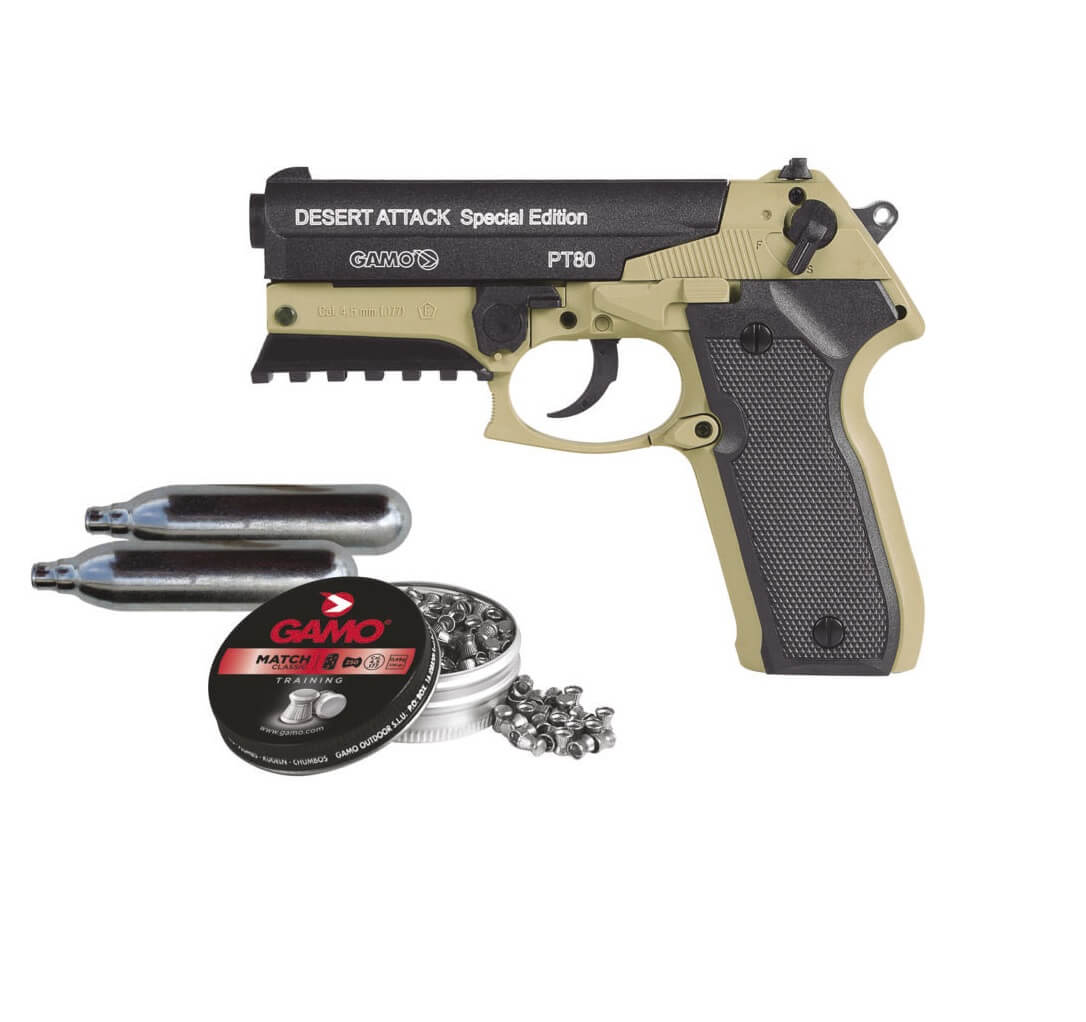 Conjunto de pistola Gamo PT-80 Desert Attack CO2 com chumbos e ci...