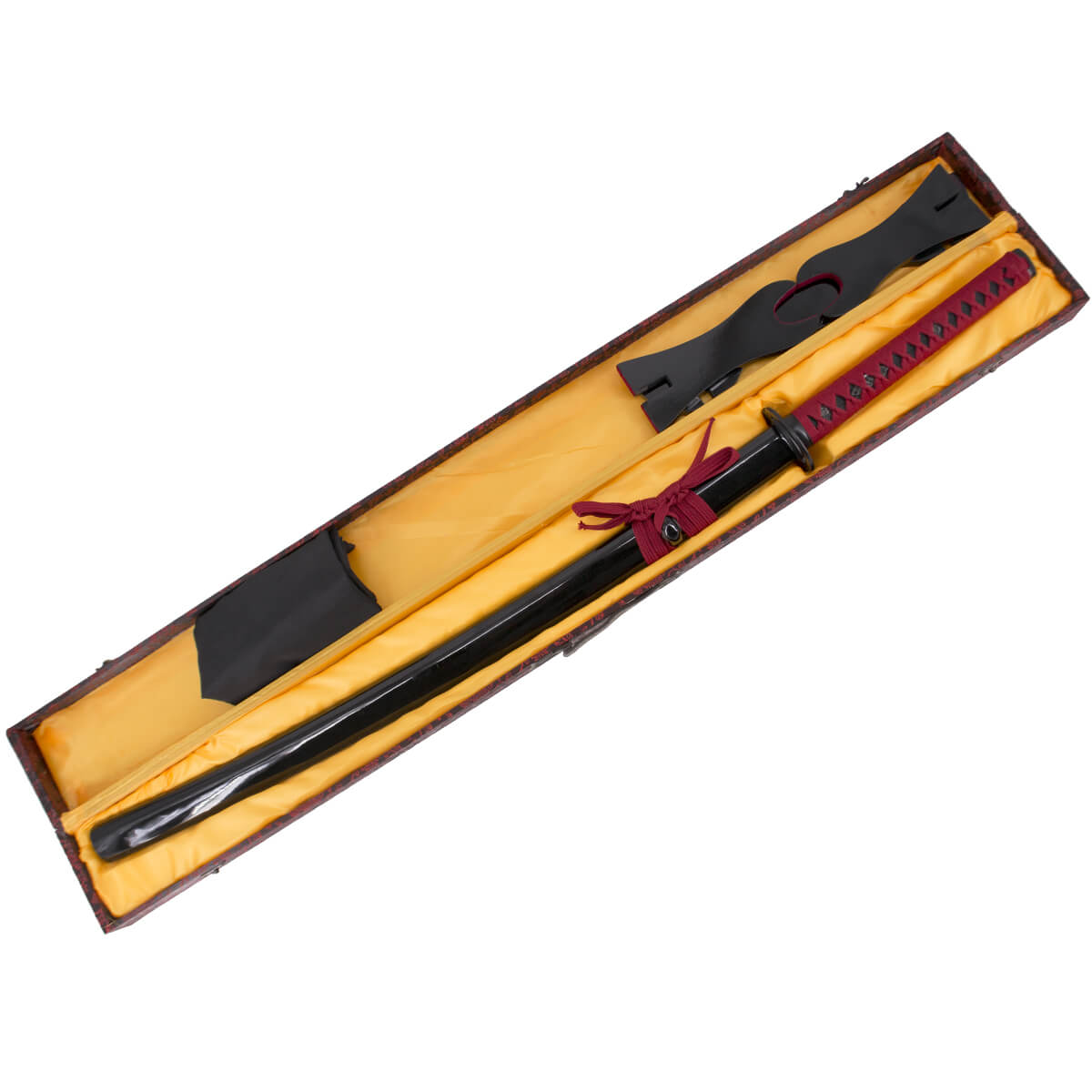 Funktionelles Katana mit roter Karbonstahlklinge und schwarzer Scheide