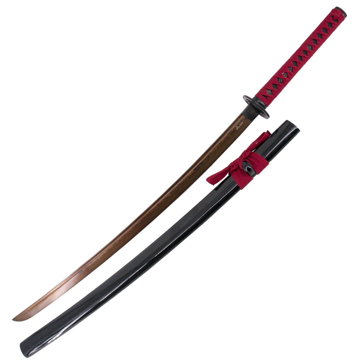 Funktionelles Katana mit roter Karbonstahlklinge und schwarzer Scheide