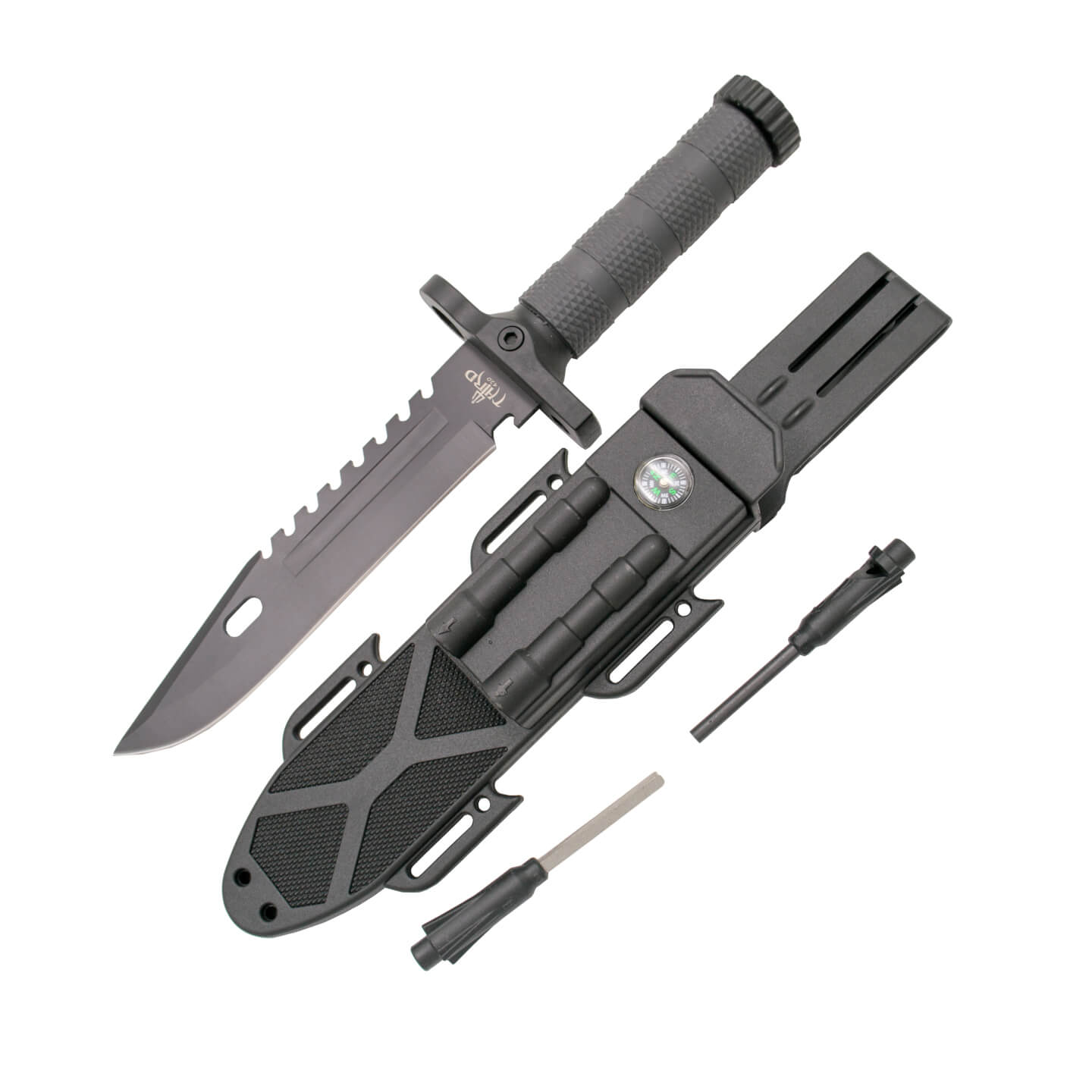 Cuchillo de supervivencia con mango de fibra negro y hoja negra d...