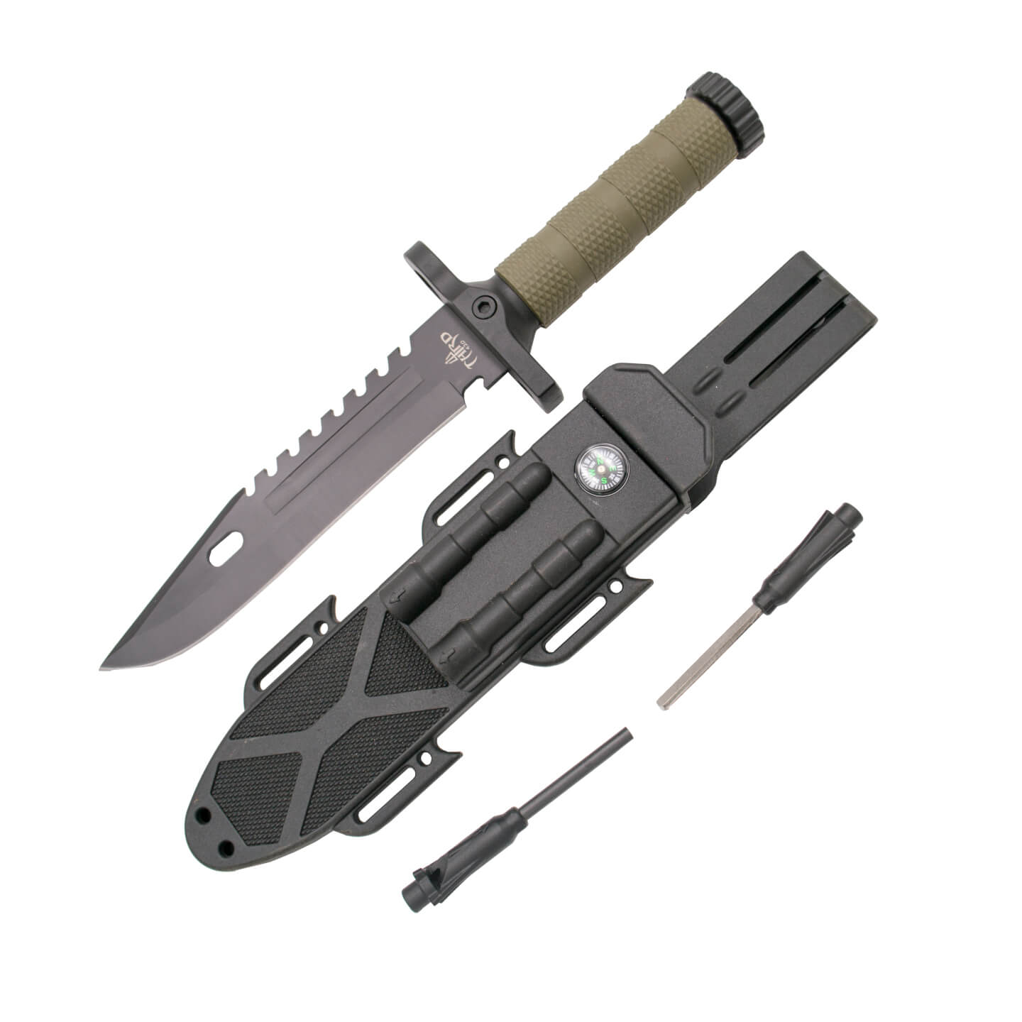 Couteau de survie avec manche en fibre verte et lame noire de 19 ...