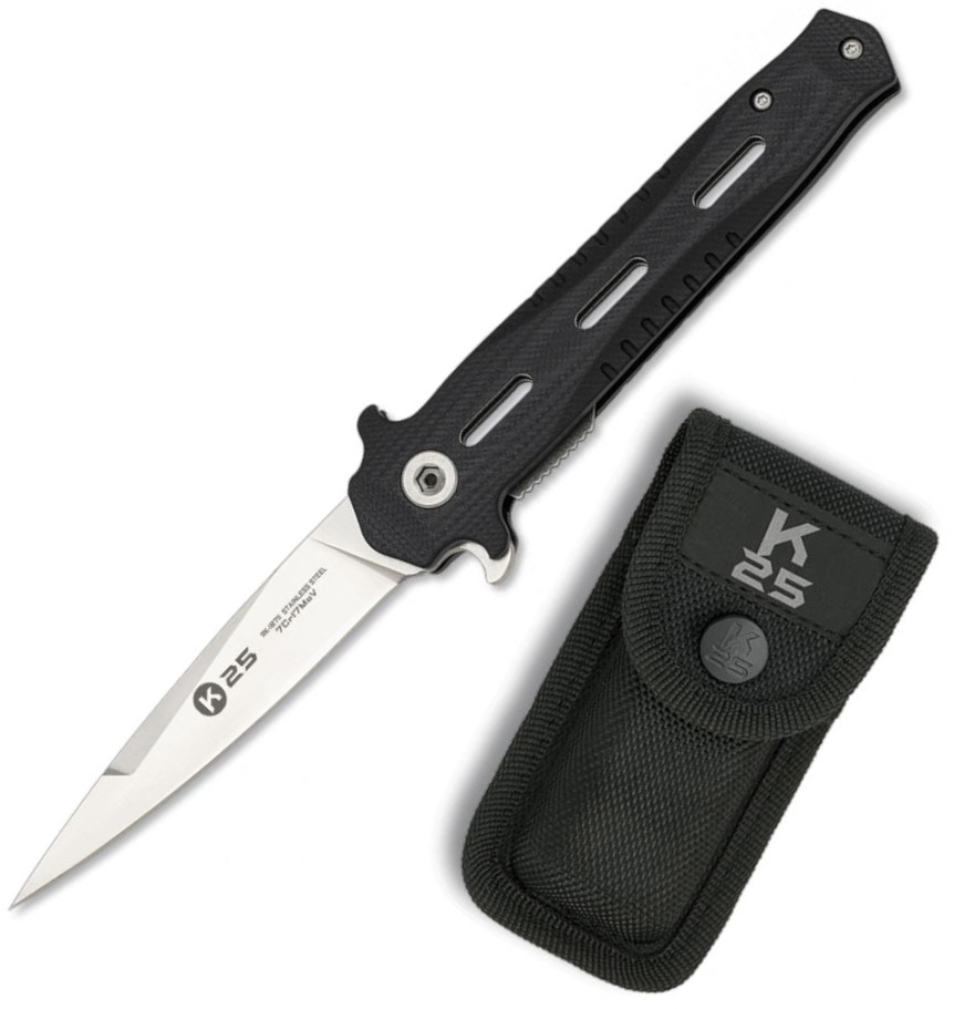 Faca tática K25, lâmina de um gume de 8,50 cm e cabo G-10 preto