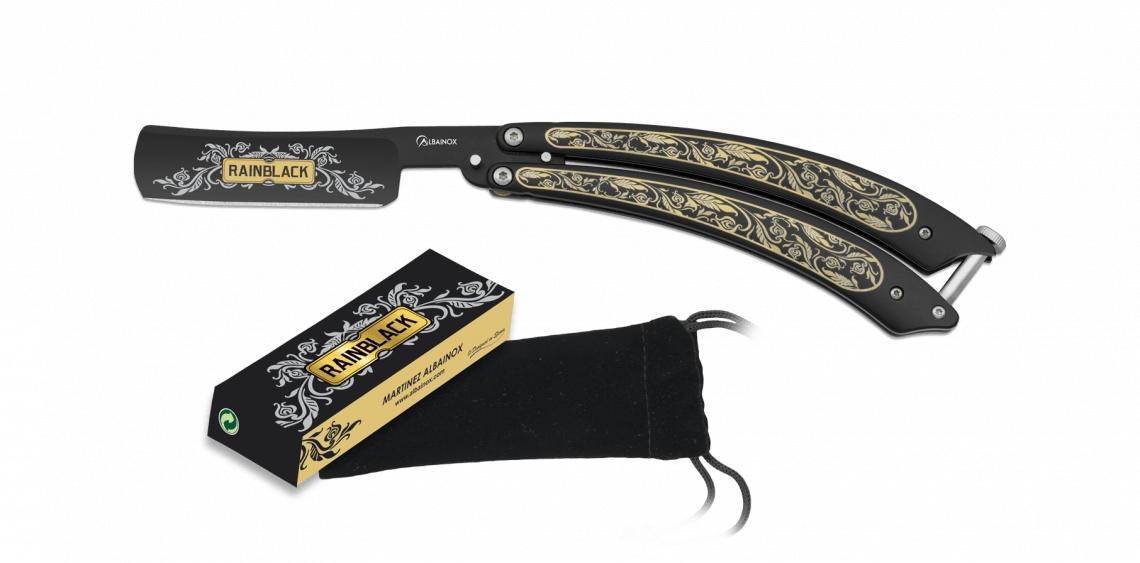 Navaja mariposa de afeitar Rainblack con funda de terciopelo y ho...
