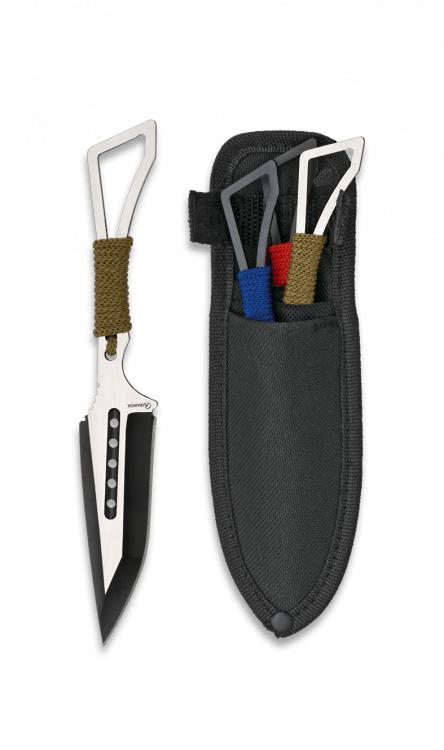 Set aus drei grünen, blauen und roten Albainox-Stahlwerfern mit e...