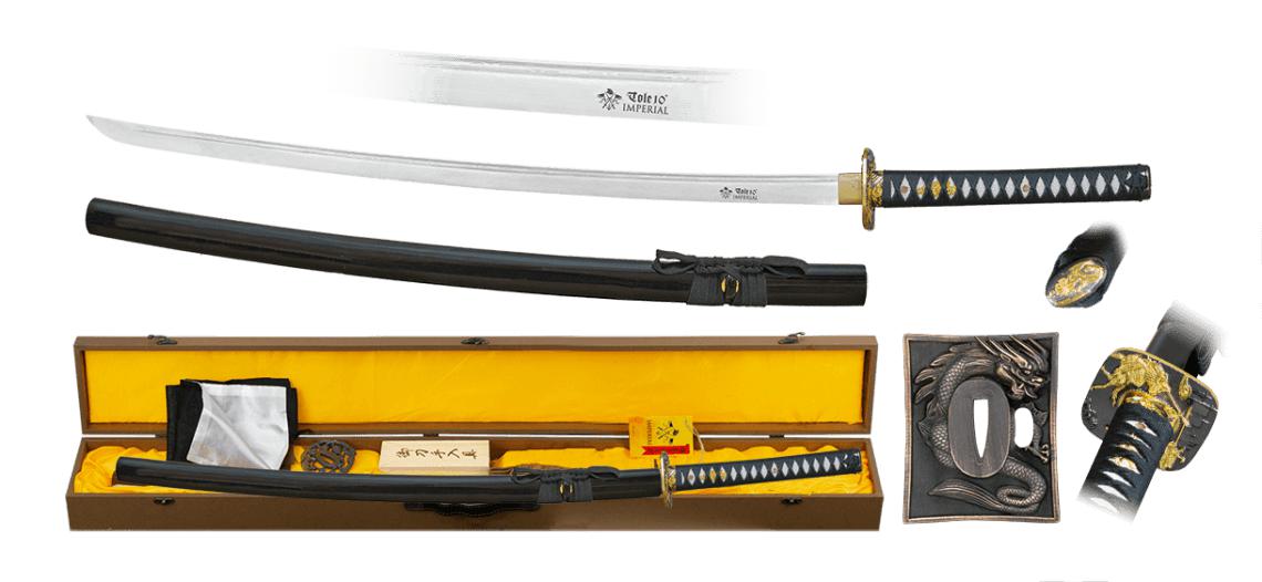 Katana aus Tole10-Damast mit gespanntem Griff und 72 cm langer Kl...