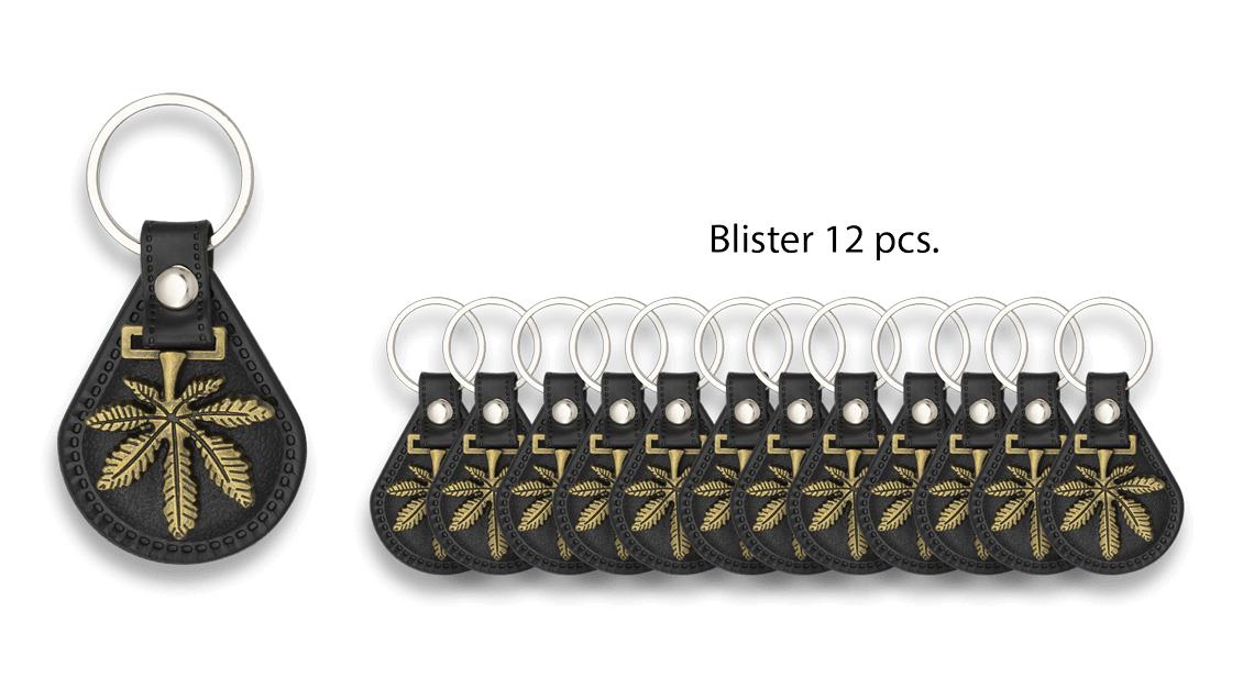 Blisterpackung mit 12 Schlüsselanhängern in Marihuana-Form