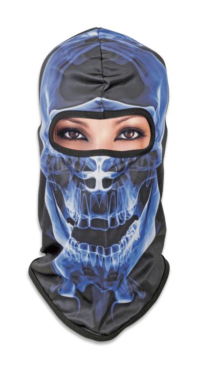 Cagoule bleue en tissu élastique avec motif tête de mort