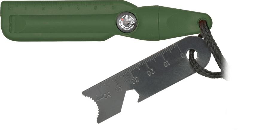 Pietra focaia verde con fischietto e bussola presentata in bliste...