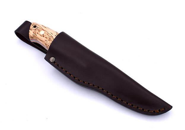 Bushcraft Brisa Trapper 95 scandi knife with stabilized curly birch wood handle and trapper sheath