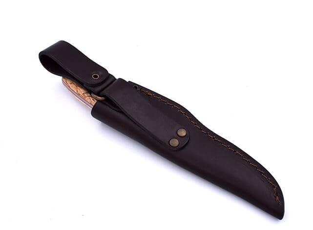 Bushcraft Brisa Trapper 95 scandi knife with stabilized curly birch wood handle and trapper sheath