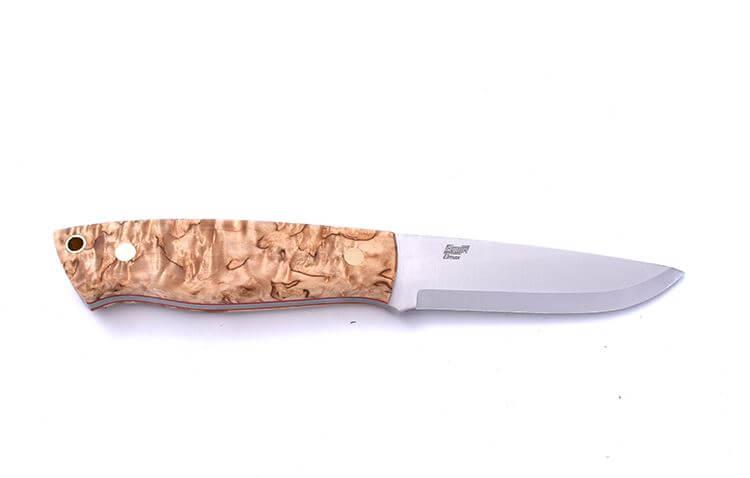 Bushcraft Brisa Trapper 95 scandi knife with stabilized curly birch wood handle and trapper sheath