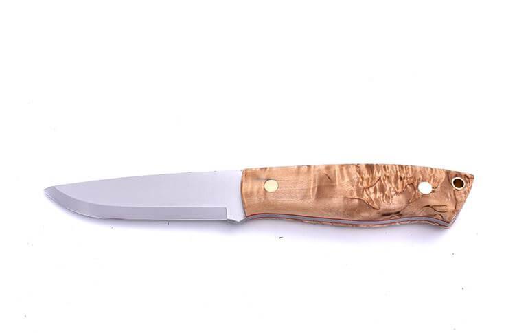 Bushcraft Brisa Trapper 95 scandi knife with stabilized curly birch wood handle and trapper sheath