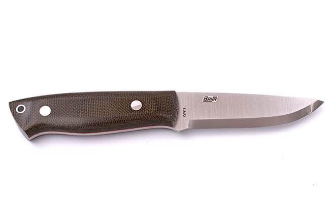 Bushcraft knife Brisa Trapper 95 scandi with green micarta handle with Elmax steel and bushcraft sheath