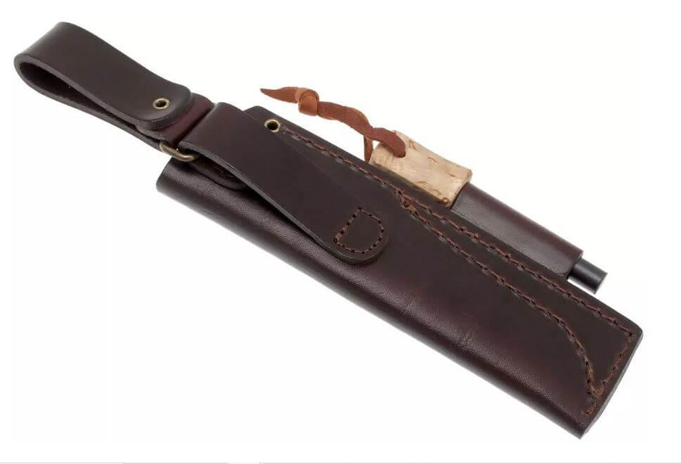 Faca para bushcraft Brisa Trapper 115 scandi com cabo de madeira de bétula encaracolada estabilizada com aço Elmax e bainha para bushcraft com firesteel
