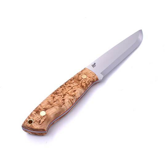 Couteau Bushcraft Brisa Trapper 115 scandi avec manche en bouleau ondé stabilisé avec acier Elmax et étui bushcraft