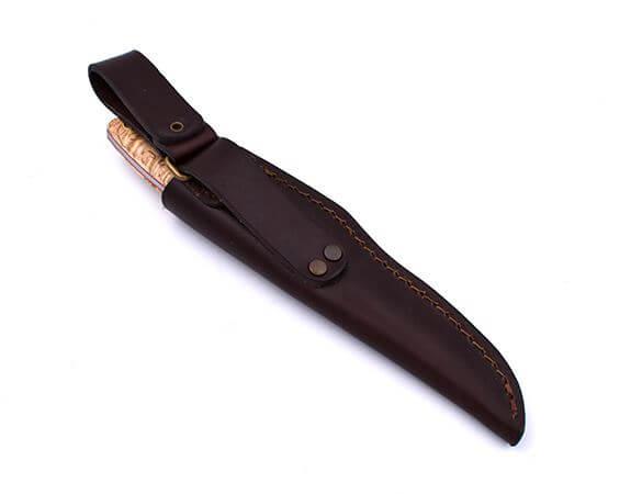 Brisa Trapper 95 com cabo de madeira de bétula encaracolada estabilizada e lâmina de aço carbono O1 scandi com bainha Trapper