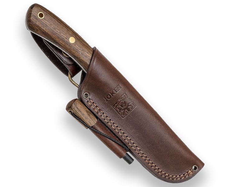 Couteau bushcraft Joker Nessmuk S avec manche en bois de noyer avec silex
