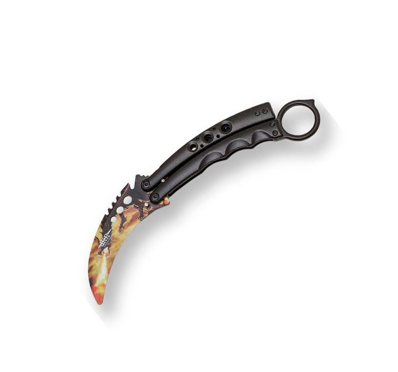 Training karambit butterfly knife with dragon on the blade