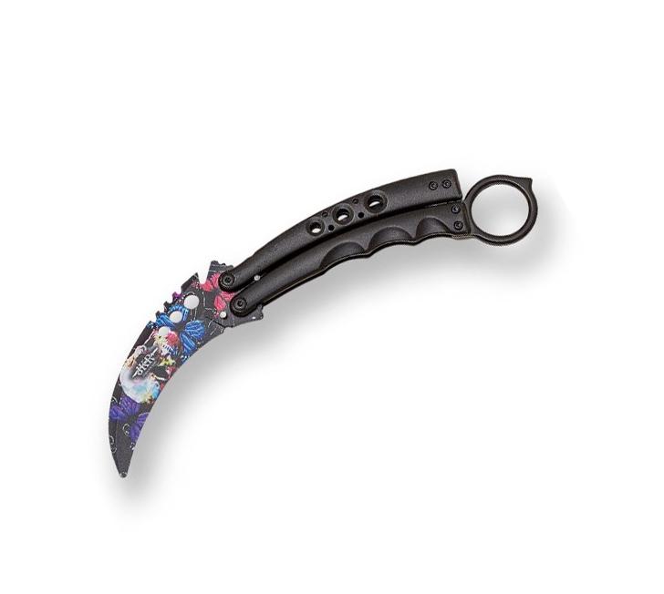 Training karambit butterfly knife with skull on the blade