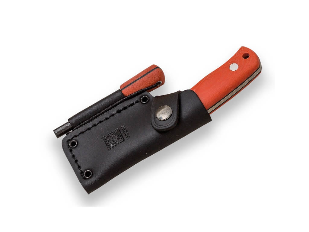 Faca bushcraft Joker Erizo TS1 com cabo de micarta laranja e pederneira