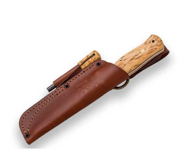 Couteau de bushcraft et de survie Joker Bushlore avec manche en bois de bouleau ondé avec silex