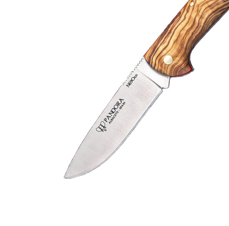 Coltellino Cudeman Pandora con manico in legno d'ulivo e acciaio Böhler N690Co con fodero in pelle marrone