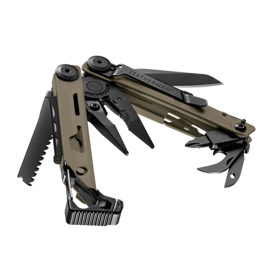 Leatherman Signal Multi-Tool mit Griff in Coyote Sand und schwarzer Hardware mit 19 Anwendungen