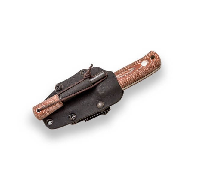 Faca de uma peça Erizo TS1 com cabo de micarta marrom e bainha de kydex com pederneira